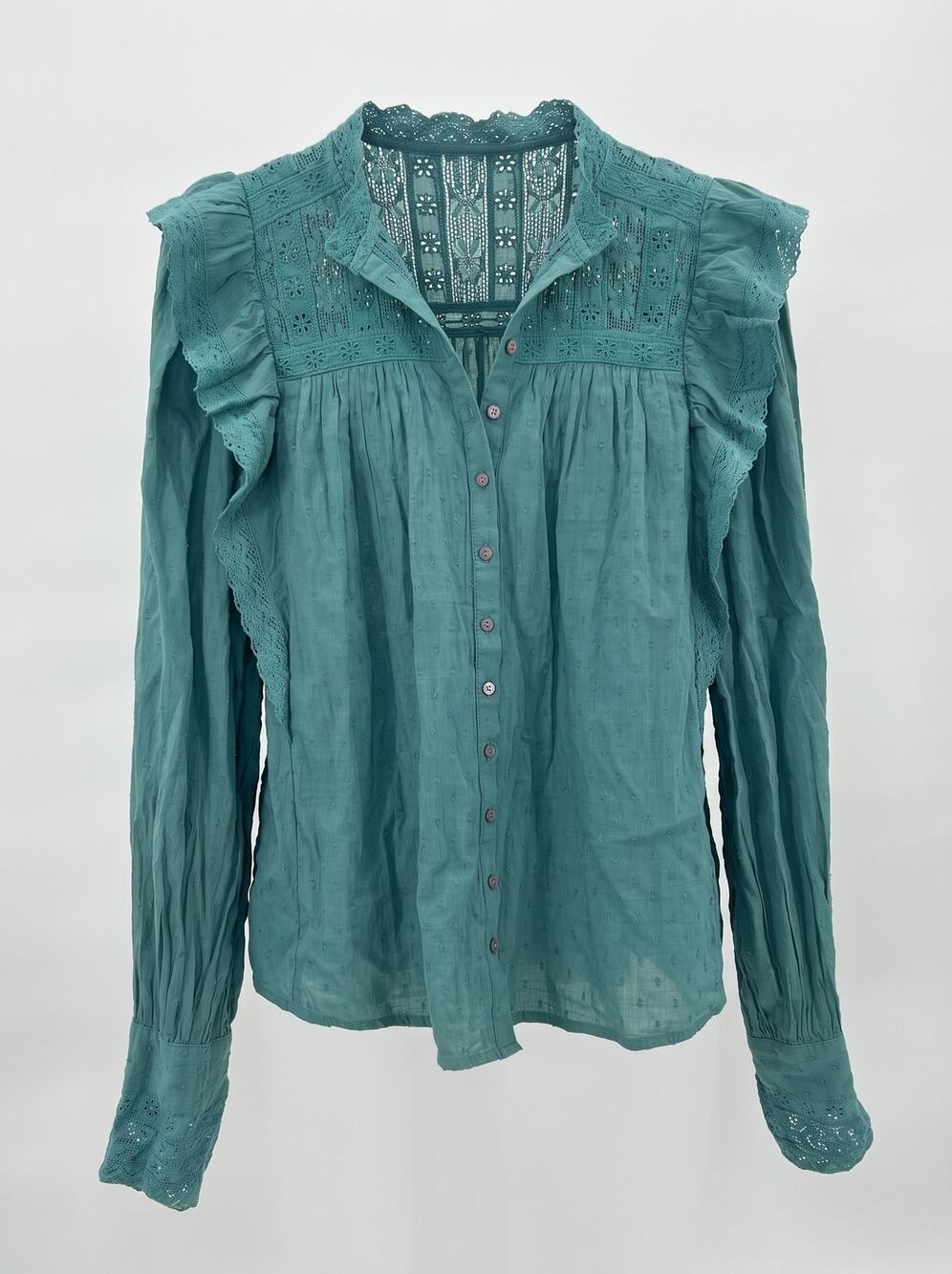 Free People Teal Lace Eyelet Ruffle Swiss Dot Blouse Top S